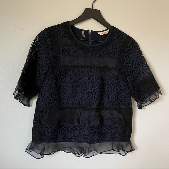 Rebecca Taylor Blue Black Lace Top - Picture 2 of 6